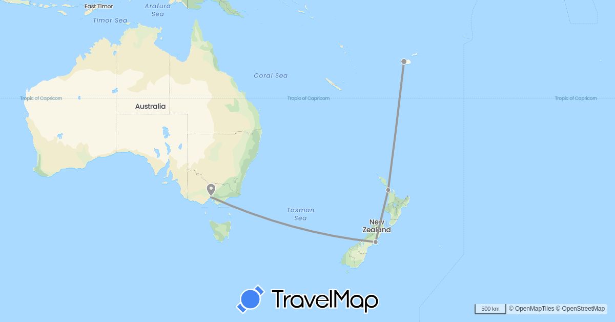 TravelMap itinerary: driving, plane in Australia, Fiji, New Zealand (Oceania)